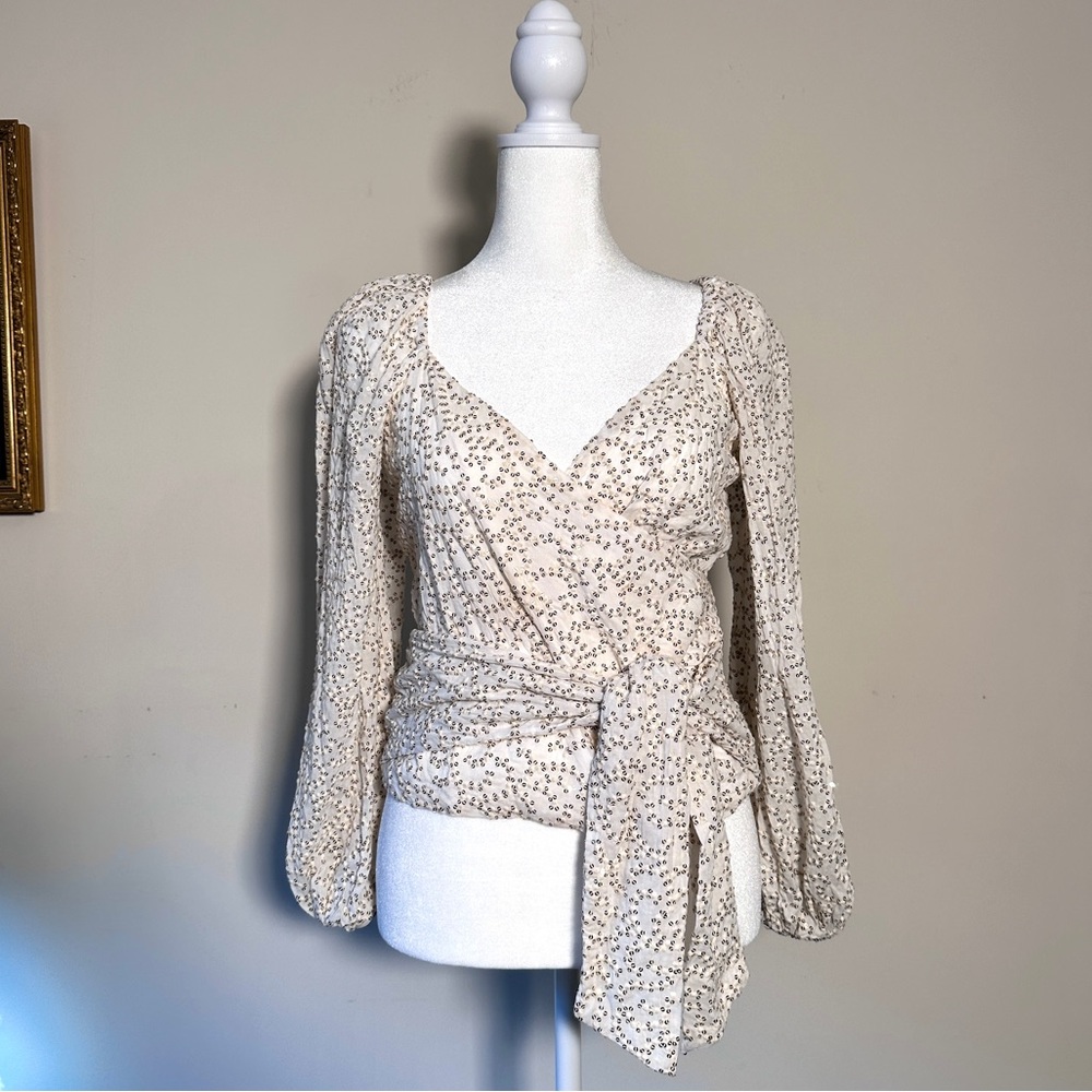 Anthropologie Cream and Gold Sequin Wrap Tie Blouse